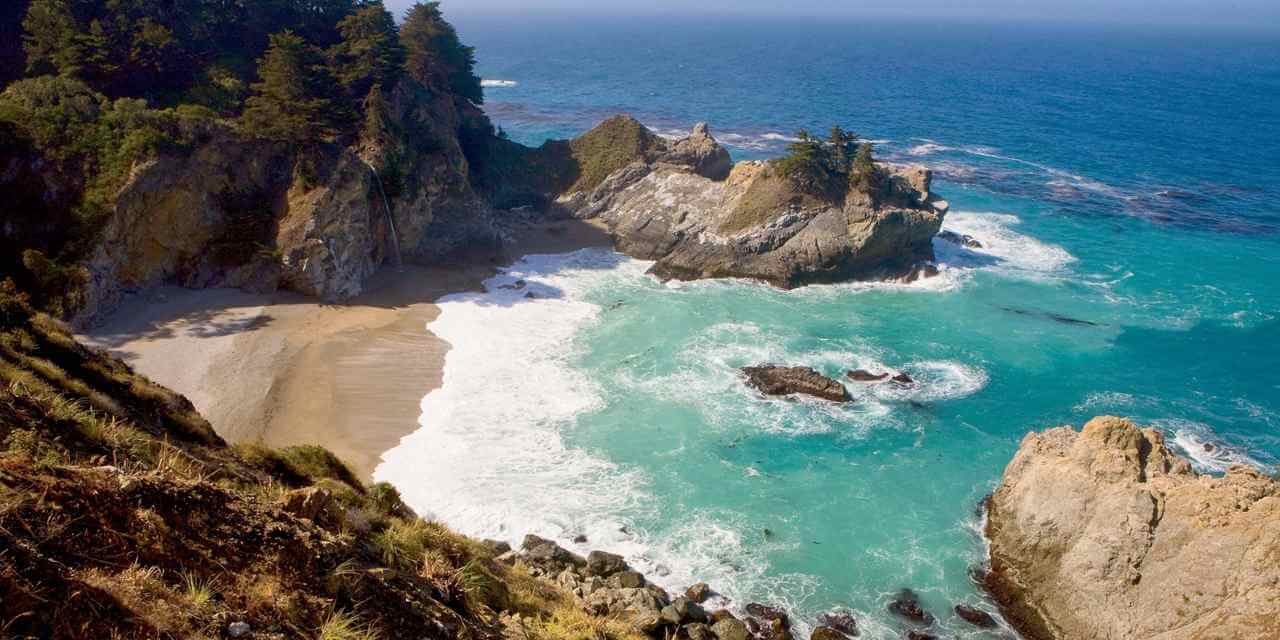 big sur beach california, ocean blue water with cliffs destination of the month